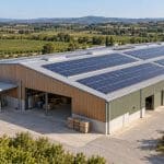 Toiture d’une usine française équipée de panneaux photovoltaïques, avec des bâtiments industriels en arrière-plan