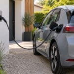 Voiture électrique branchée à domicile pendant une recharge programmée