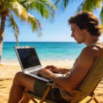 Digital nomad working on the beach with a laptop and ocean backdrop