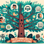 A photo of a tree with images on the branch depicting various tips for learning Filipino language faster