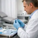 Vue latérale d'un professionnel de santé préparant une seringue pour infiltration dans un cabinet médical.