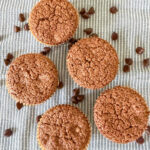 Five chocolate zucchini muffins lined up sideways on a blue and white striped cloth napkin with chocoloate chips sprinkled around.