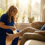 Dr. Iman Bar provides advanced home wound care by bandaging a patient's ankle in a bright, comfortable living room setting.