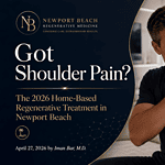 Man holding painful shoulder with regenerative medical overlay in Newport Beach home care setting with the slogan "got shoulder pain?"