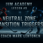 Cinematic hockey banner showing a neutral-zone turnover exploding into counter-attack, with metallic title IHM Academy - Lesson #9