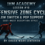 Cinematic hockey banner of an east-west deceptive cycle with metallic IHM Academy Lesson #10 title