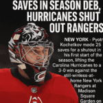 By IHM Team | IHM News | November 5, 2025 Kochetkov makes 25 saves as Hurricanes shut out Rangers at MSG Carolina suffocates New York as Rangers fall to 0-5-1 at home NEW YORK Carolina Hurricanes goaltender Pyotr Kochetkov delivered a 25-save shutout in his first NHL start of the season, leading a 3-0 win over the New York Rangers and handing New York its sixth consecutive home loss to open the season. The Rangers generated 13 shots in the opening 8:40, including clear looks for Artemi Panarin, J.T. Miller, and Jonny Brodzinski, but Kochetkov turned all of them aside and Carolina controlled play from that point forward. Nikolaj Ehlers scored his first goal with the Hurricanes on a first-period power play through a screen, Sean Walker added another late in the second off a face-off sequence, and Seth Jarvis sealed the win with an empty-netter. New York recorded only 12 shots in the final 51 minutes and just one in the third period. Carolina improved to 8-4-0 while the Rangers fell to 0-5-1 at MSG and 6-6-2 overall. Coach Mark comment Kochetkov played with patience and strong interior positioning. Carolina protected the slot, cleared lanes, and managed their exits with purpose. New York had early looks but once Carolina controlled the walls and middle lane entries, the flow tilted decisively.