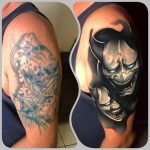 ördög maszk tetoválás kar, devil mask tattoo arm