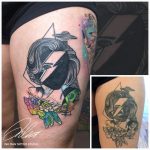 színes fekete fehér javítás tetoválás, colorful black and white patch tattoo