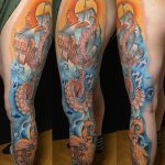 hajó polip tenger óceán színes láb tetoválás Budapest, boat octopus sea ocean colorful foot tattoo Budapest