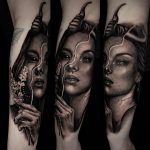 női arc ördög jó rossz realisztikus művészet fekete fehér szürke tetoválás Budapest, female face devil good bad realistic art black white gray tattoo Budapest