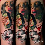 Színes realisztikus tetoválás nyúl mesefigura női arc alkohol üveg tetoválás, Colorful realistic tattoo rabbit fairy tale character female face alcohol bottle tattoo