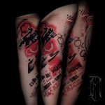 Trash Polka ördög felirat cimkék fekete piros színek tetoválás, Trash Polka devil lettering tags black red colors tattoo