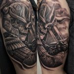 Japán harcos fekete fehér realisztikus tetoválás, Japanese warrior black and white realistic tattoo