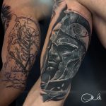 harcos realasztikus felkar tetoválás, warrior realistic upper arm tattoo