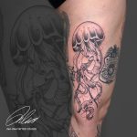 medúza fekete fehér tetoválás, jellyfish black and white tattoo