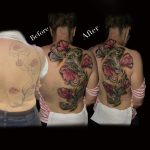 rózsaszín lilom virágok takarás teli hát tetoválás realisztikus minta, pink lilom flowers cover full back tattoo realistic pattern