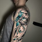 kék szürke fekete geometrikus macska tetoválás, blue gray black geometric cat tattoo