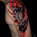 trash polka színes fekete piros harcos szamuráj tetoválás Budapest, trash polka colorful black red warrior samurai tattoo Budapest