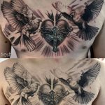 galamb szív kereszt hit vallás postagalamb dícsfény töviskoszorú szentlélek béke realisztikus tetoválás, dove heart cross faith religion homing pigeon crown of thorns holy spirit peace realistic tattoo