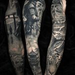 Japán stilusú realsiztikus pagoda harcos tigris egész kar tetoválás, Japanese style realistic pagoda warrior tiger full arm tattoo