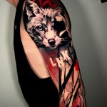 trash polka farkas kutya róka piros fekete egész kar tetoválás Budapest, trash polka wolf dog fox red black full arm tattoo Budapest