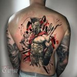 realisztikus harcos fekete fehér szürke teli hát tetoválás Budapest, realistic warrior black white gray full back tattoo Budapest