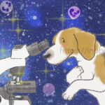 ミクロの美しい世界と顕微鏡を覗く犬、ビーグル