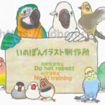 木製ボードを立て看板版にして、ルリコンゴウインコやキバタン、オカメインコ、文鳥たちが集まっているイラスト。