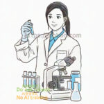 女性の学者が試験管を片手に持ち上げ観察している、周りには顕微鏡や薬品が入ったフラスコなどが並ぶ