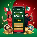Smartphone screen displaying Krikya welcome bonus BDT 2800 with player celebrating and Bangladesh flag.
