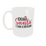 Mok met feestdagen tekst 'Dear Santa, I can explain' en kersthoed, geschikt voor kerstcadeau.