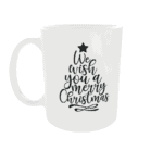 Alternatief tekst: Wit kerstdesign mok met zwarte tekst en ster, feestelijke sfeer.