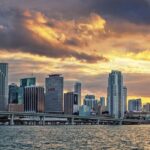 Downtown Miami skyline at sunset from the bay