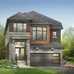 Contemporary 34-foot detached home at Empire Avalon featuring a mix of stone, brick, and natural wood siding with a modern glass-panel garage door.