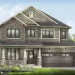 Rendering of a 42-foot detached single-family home at Empire Avalon showcasing a brick facade, double car garage, and craftsman-style porch.