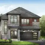 Exterior rendering of a 38-foot detached home at Empire Legacy showcasing a mixed brick, grey stone, and wood siding facade with a two-car garage.
