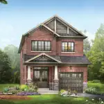Exterior rendering of an Empire Wyndfield 27-foot detached single-family home featuring a red brick exterior, stone details, a single-car garage, and a landscaped front yard.
