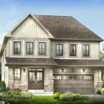 Front facade rendering of a spacious 42-foot detached home at Empire Wyndfield, featuring light beige horizontal siding, stone accents, and a wide two-car garage.