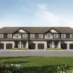 Straight-on architectural rendering of a multi-unit townhouse block at Empire Wyndfield with dark siding, stone brick foundations, and individual built-in garages.