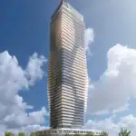 Exterior architectural rendering of the Aquanova Condos high-rise tower showcasing a modern staggered balcony design, glass facade, and street-level retail under a bright blue sky.