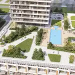 Aerial view of the Aquanova Condos outdoor amenity terrace including a swimming pool, lounge seating areas, manicured green spaces, and walking paths.