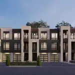 Exterior architectural rendering of the modern SXSW Ravine Towns featuring a three-story design with light brick facades, dark metal accents, large windows, and integrated garages.