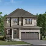 Exterior rendering of a 36-foot detached two-story home at Scenic Ridge in Paris, featuring a stone and brick facade with a one-car garage.