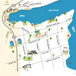 Illustrated area map of Mapleview Park showing its proximity to Lake Simcoe, the GO Station, Highway 400, and local shopping centers in Barrie and Innisfil.
