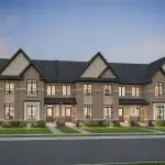 Architectural rendering of modern brick townhouse exteriors at Mapleview Park, featuring gabled roofs, large multi-pane windows, and manicured front lawns at dusk.