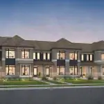 Modern townhome block rendering at Mapleview Park showcasing grey stone facades, dark siding accents, hip roofs, and lit windows at twilight.