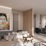 The luxury lobby lounge at Arte Residences, featuring a concierge desk, marble accents, contemporary seating, and a large colorful portrait painting.
