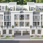 Wide-angle rendering of modern back-to-back townhomes in Glen Abbey Encore featuring rooftop terraces, white and grey facades, and integrated garages.