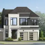 Close-up architectural rendering of a modern linked detached home at Glen Abbey Encore with a two-car garage, stone masonry, and large contemporary windows.